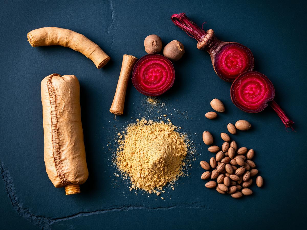Maca root, ginseng, beet root and other herbal supplement ingredients on dark slate